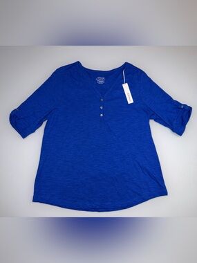 Chico’s The Ultimate Tee Henley Elbow in Rich Cobalt sz2(L) NWT